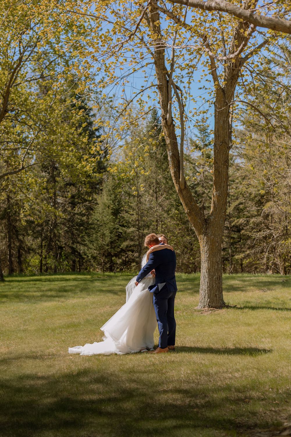 Bride and groom embracing in a lush green park under a large tree on a sunny wedding day.