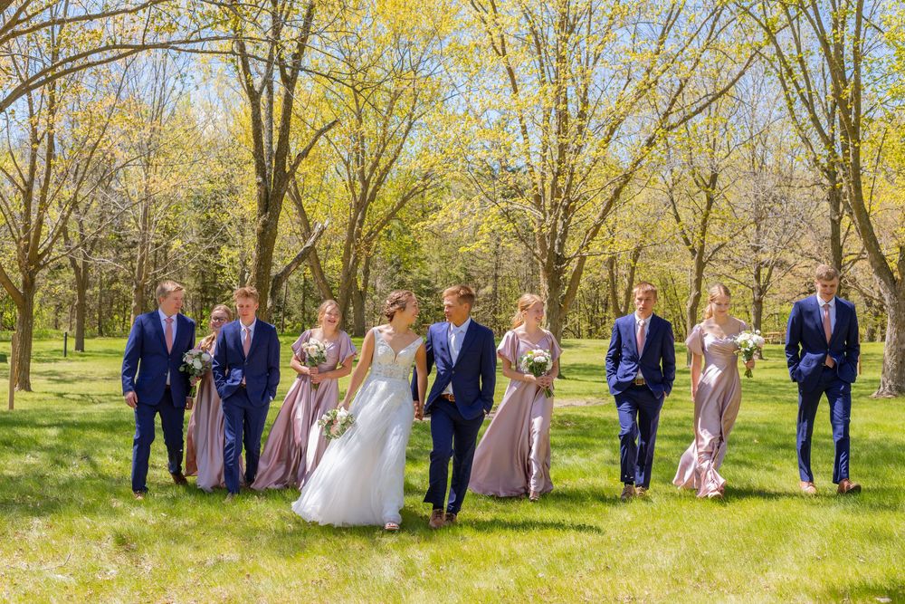 Wedding party walks through lush green park, bride in white gown with bridesmaids in mauve dresses and groomsmen in navy suits.