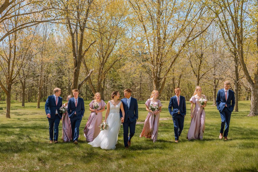 Wedding party walks outdoors in spring, bride in white gown with bridesmaids in mauve dresses and groomsmen in navy suits.