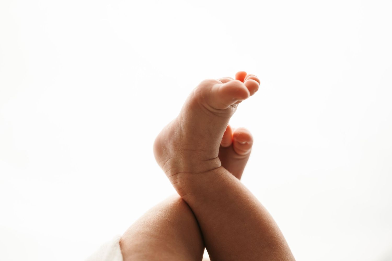 Close-up view of tiny baby feet crossed over each other against a bright white background during newborn session