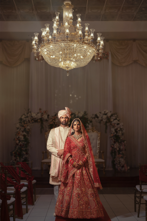 Traditional Indian wedding ceremony setup with ornate crystal chandelier and floral arch in an elegant indoor venue in Houston.
