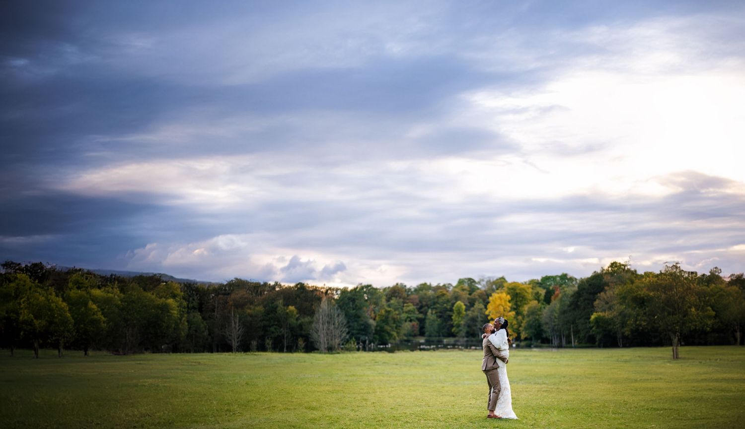 A figure stands alone in a green field under dramatic cloudy skies during golden hour.