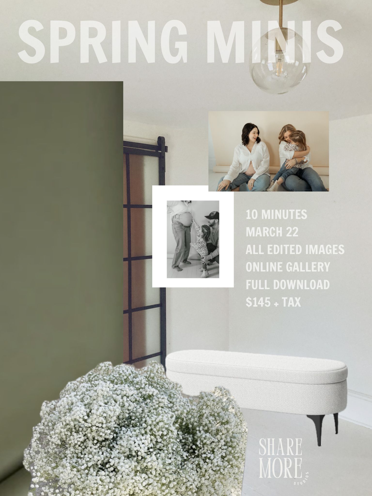 Spring mini photo session advertisement showing a cozy interior with baby's breath flowers and promotional text details.