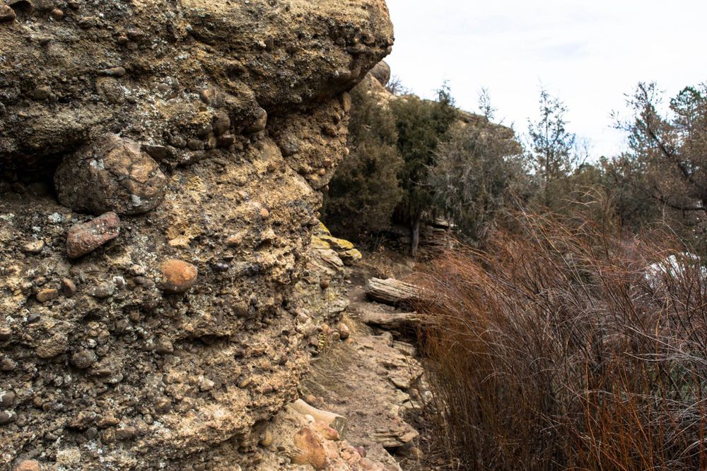 Eroded rocky cliff face with sparse vegetation against cloudy sky.