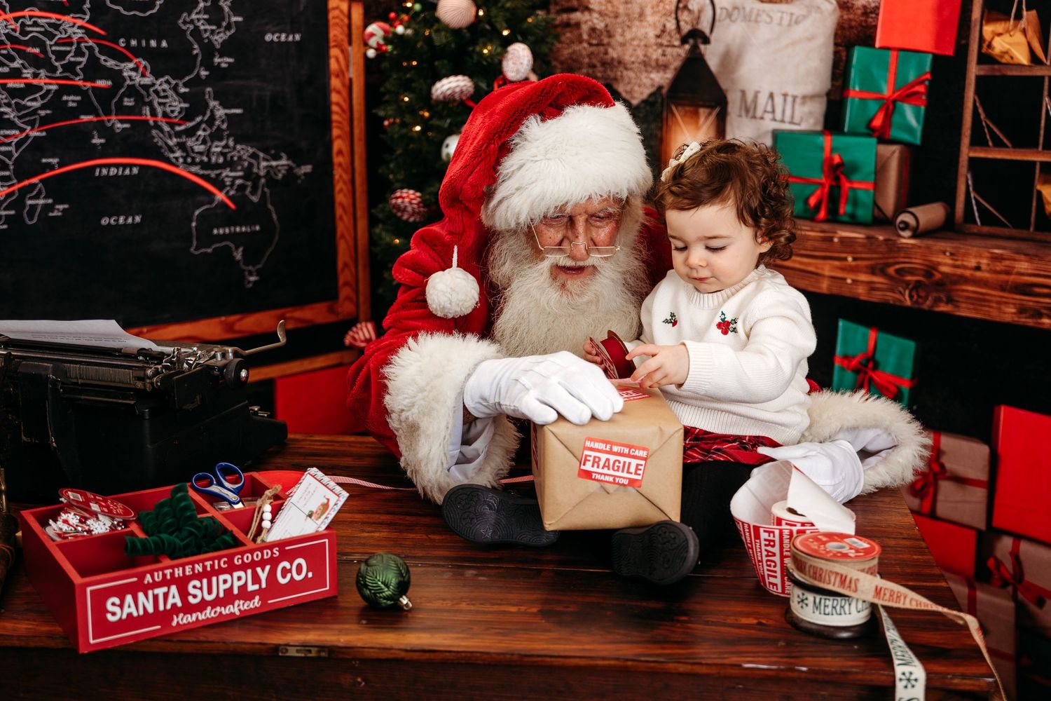 Charming Christmas setting with decorated trees, wrapped presents, and holiday decorations in a cozy indoor space. Santa photographer