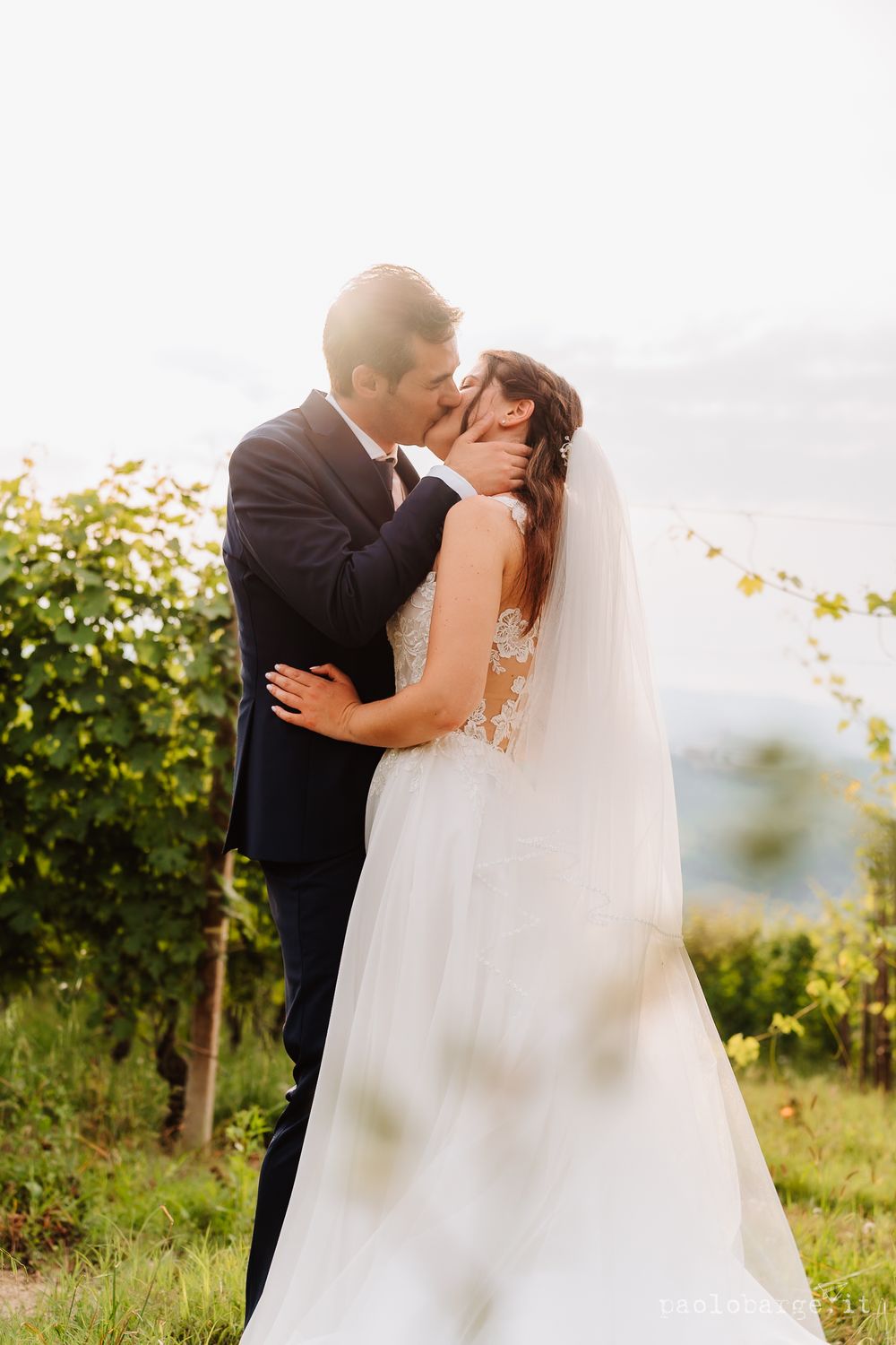 Romantic sunset wedding portrait in a vineyard with golden backlighting.