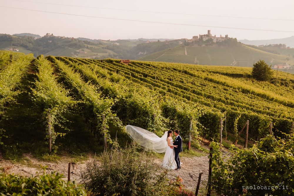 A couple walks through scenic vineyard rows in Italy with green vines and rolling hills in the background.