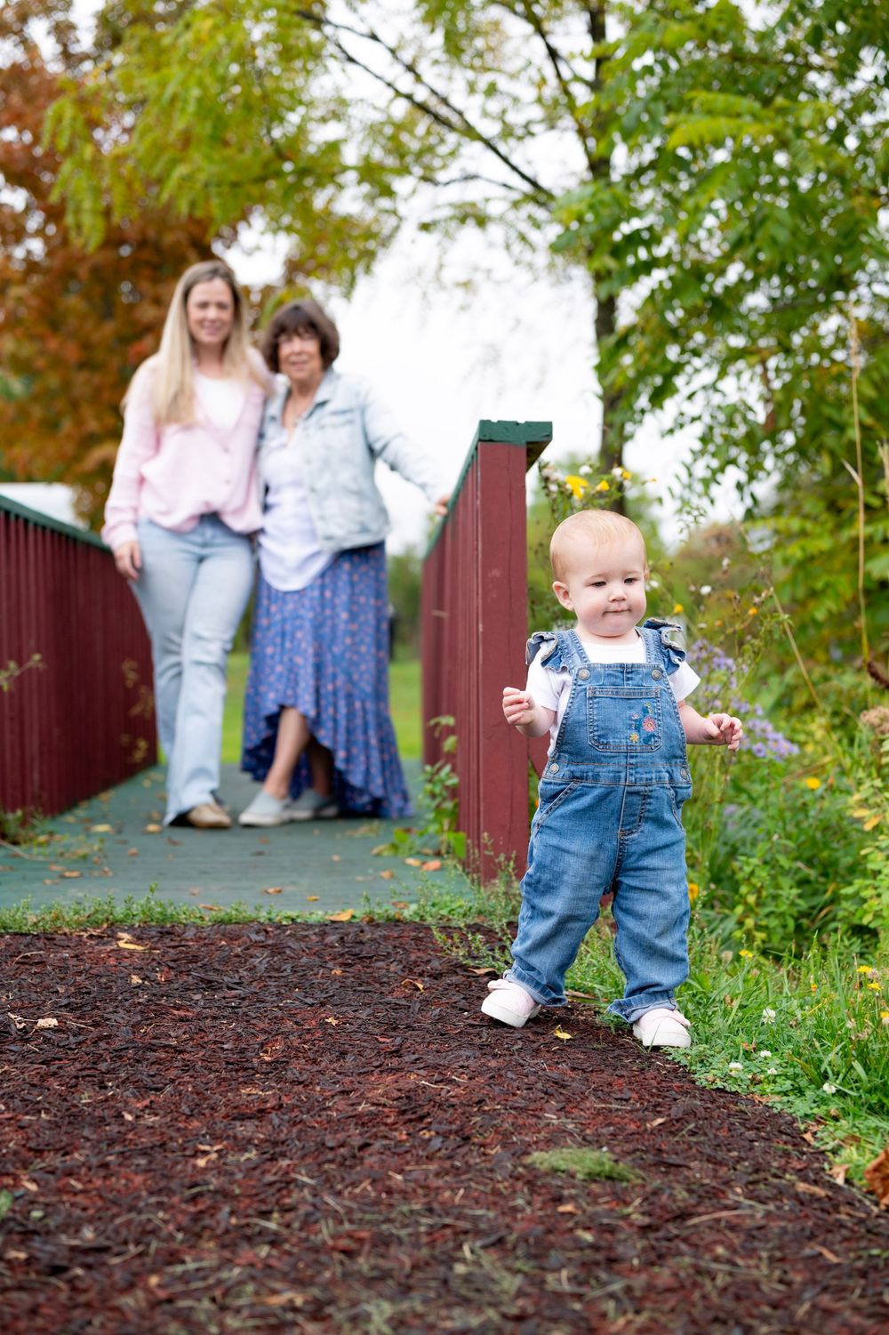 Sequence of photos showing a toddler in denim overalls taking steps on a mulch path while adults watch in background.