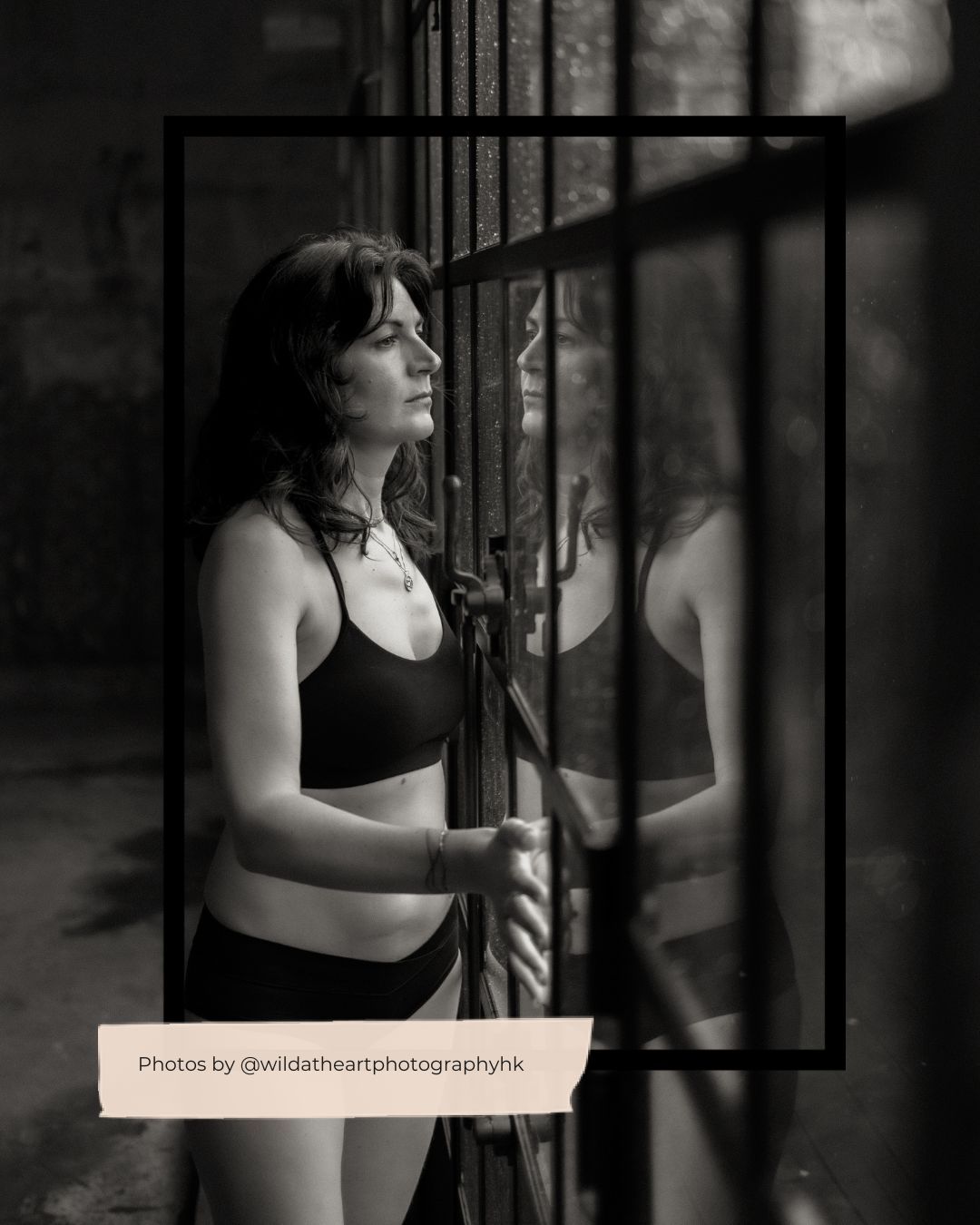 A moody black and white artistic portrait series featuring a person posing by a window with dramatic shadows.