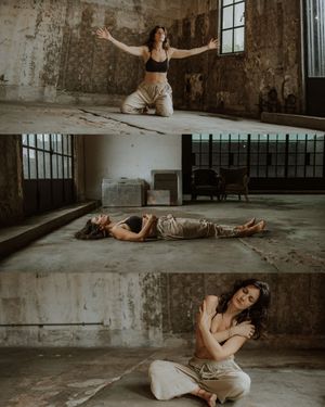 Artistic photoshoot in an abandoned industrial space shows dancer in khaki pants striking three dramatic poses on concrete floor.
