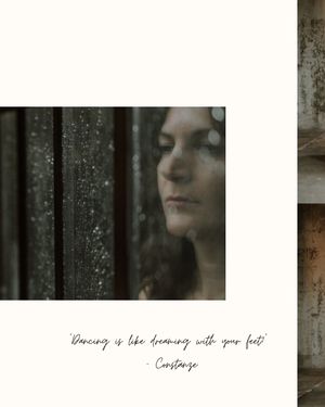 A moody portrait through rain-splattered glass with overlaid handwritten text.