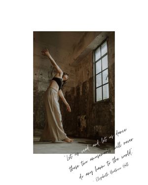 A dancer in flowing white pants and black top performs an elegant pose in a weathered room with tall windows.