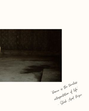 Dark atmospheric monochrome photograph of a corner with hints of handwritten text at the bottom.