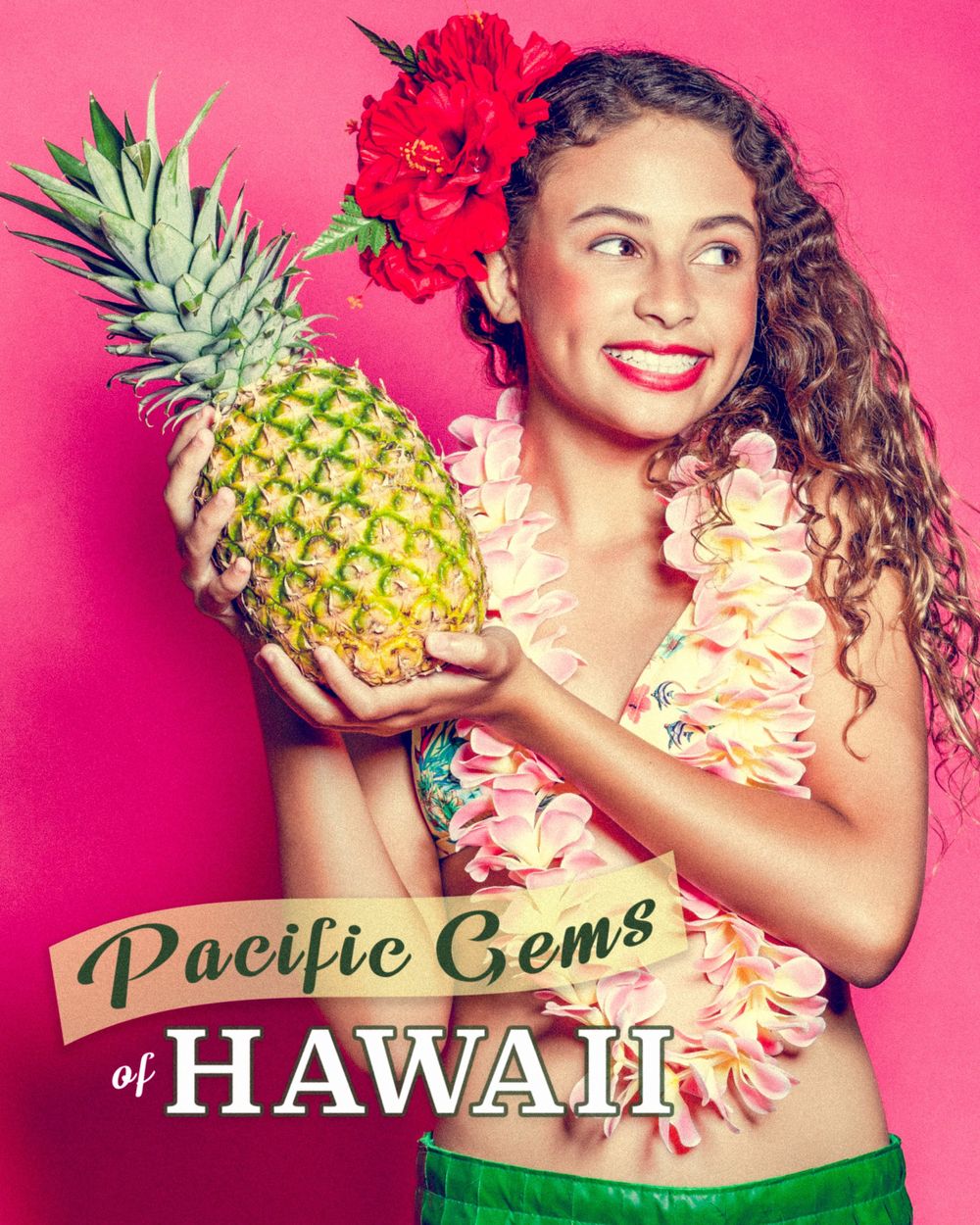 Tropical themed photo with model holding pineapple wearing lei and red flower against pink background.