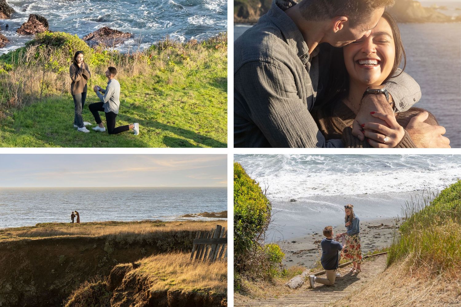 Four romantic couples share intimate moments in scenic outdoor locations and cozy indoor settings at sunset. At The Sea Ranch Lodge