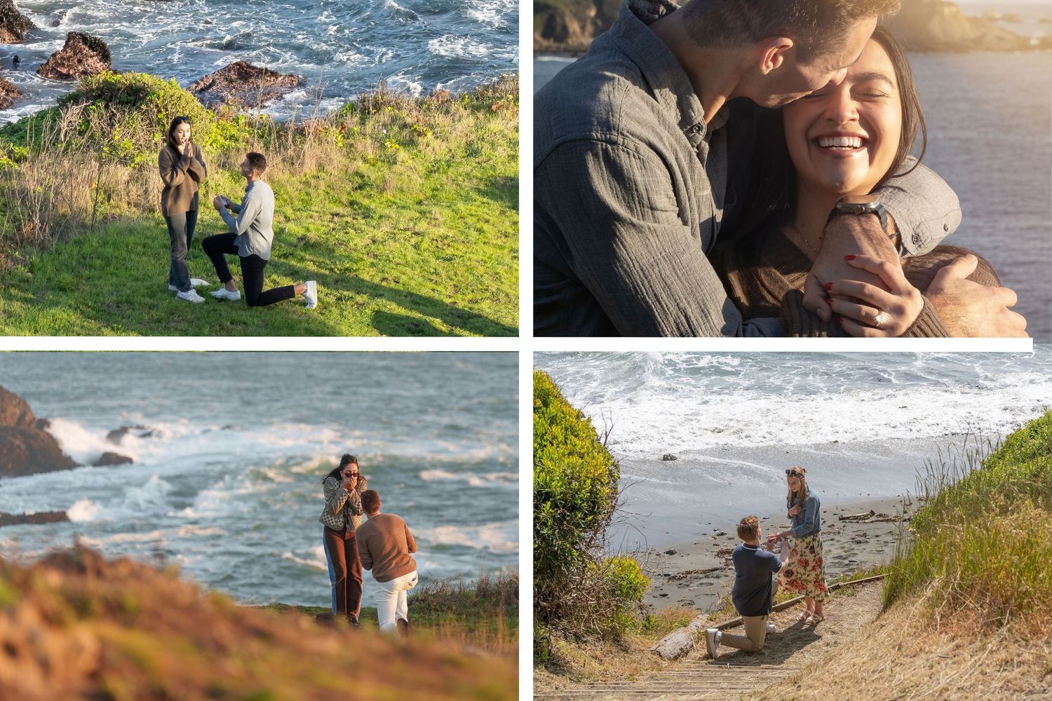 Four romantic couples share intimate moments in scenic outdoor locations and cozy indoor settings at sunset. At The Sea Ranch Lodge