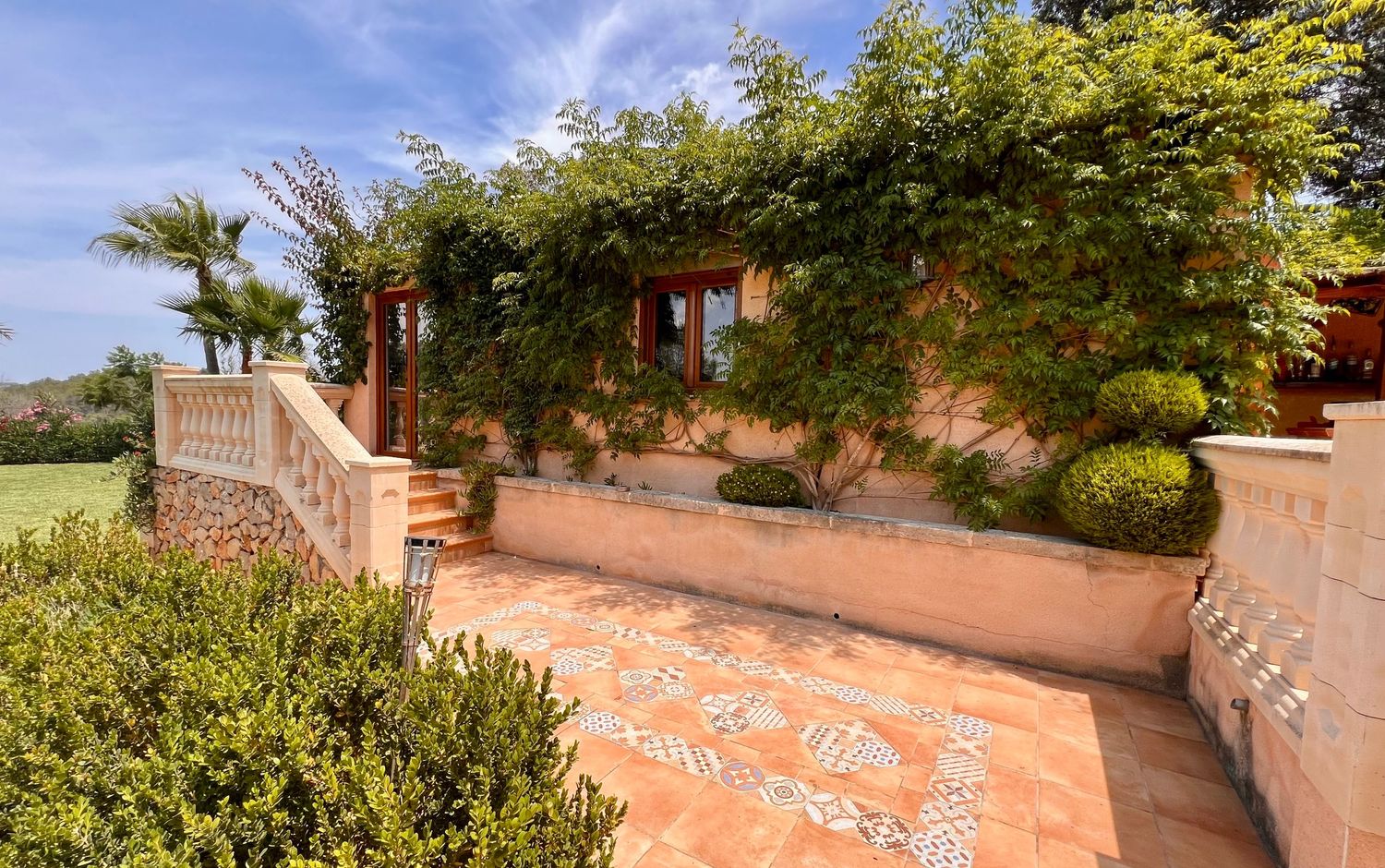 A Mediterranean style terrace with terracotta tiles, ornate railings, potted plants and palm trees against a blue sky.