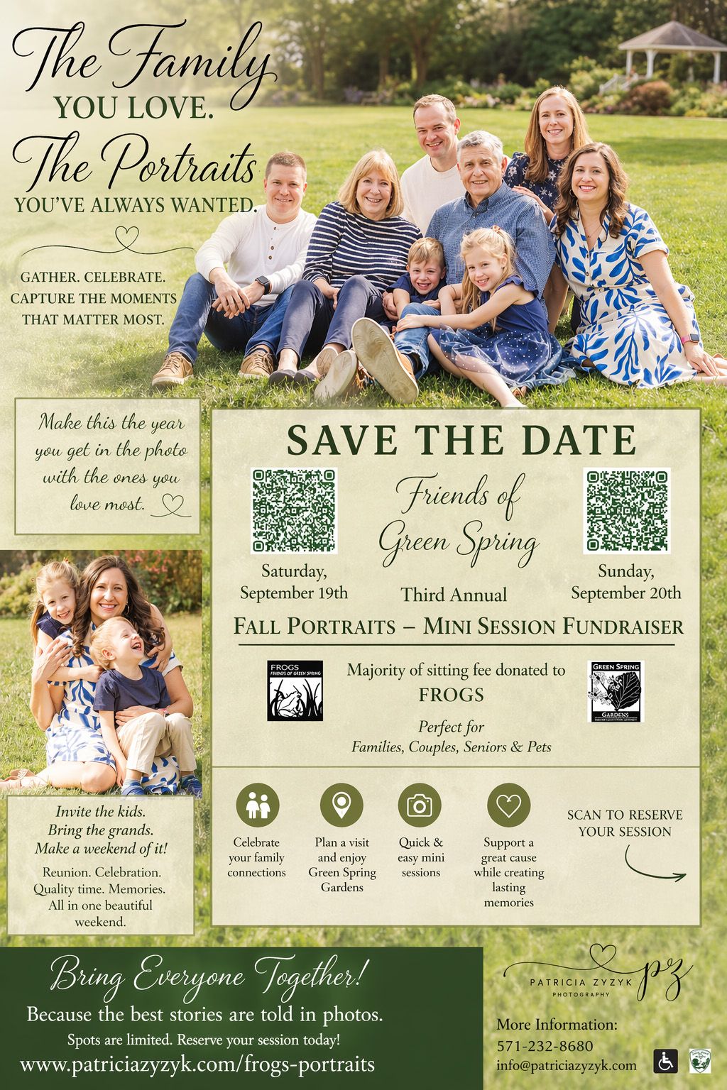 Fall-themed photography sessions event flier with decorative text and photos showcasing outdoor autumn mini-sessions.
