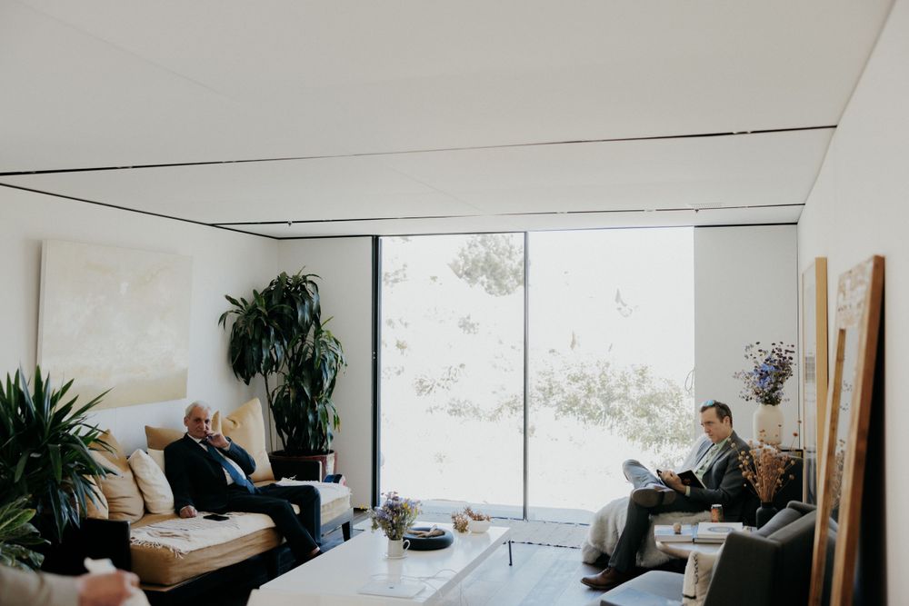 Modern living room with large windows, indoor plants, and comfortable seating area.