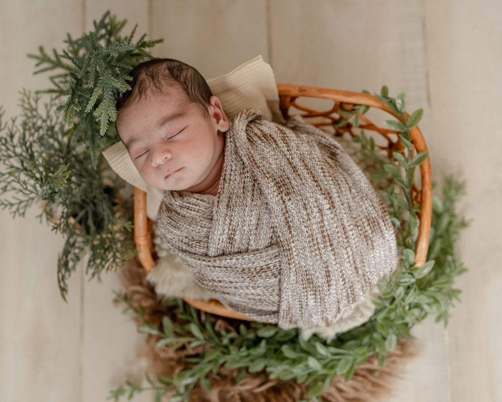 Newborn wrapped in knit blanket sleeping in woven basket surrounded by greenery.