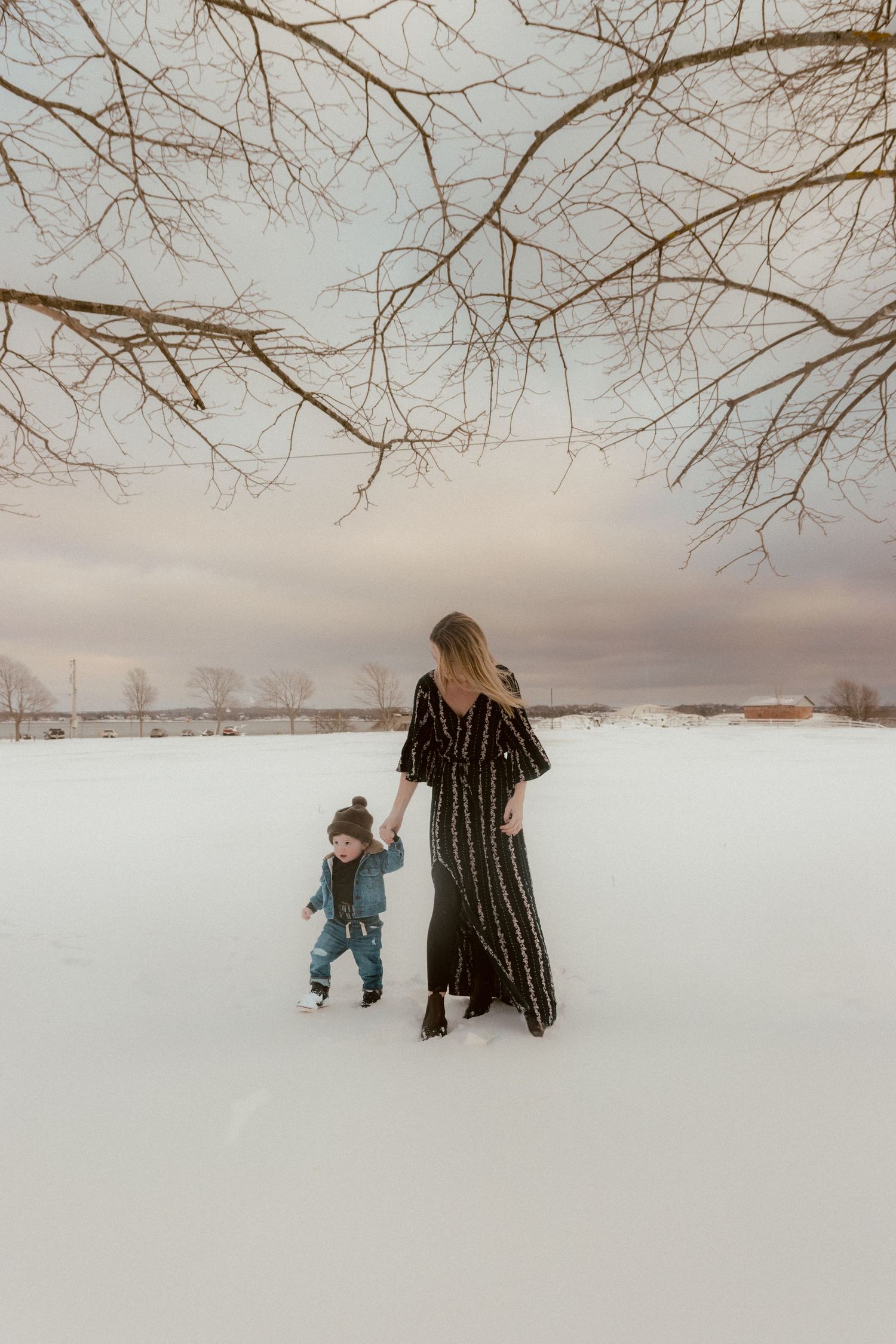 A figure in a long dress walks hand-in-hand with a small child through a snow-covered field under bare branches.