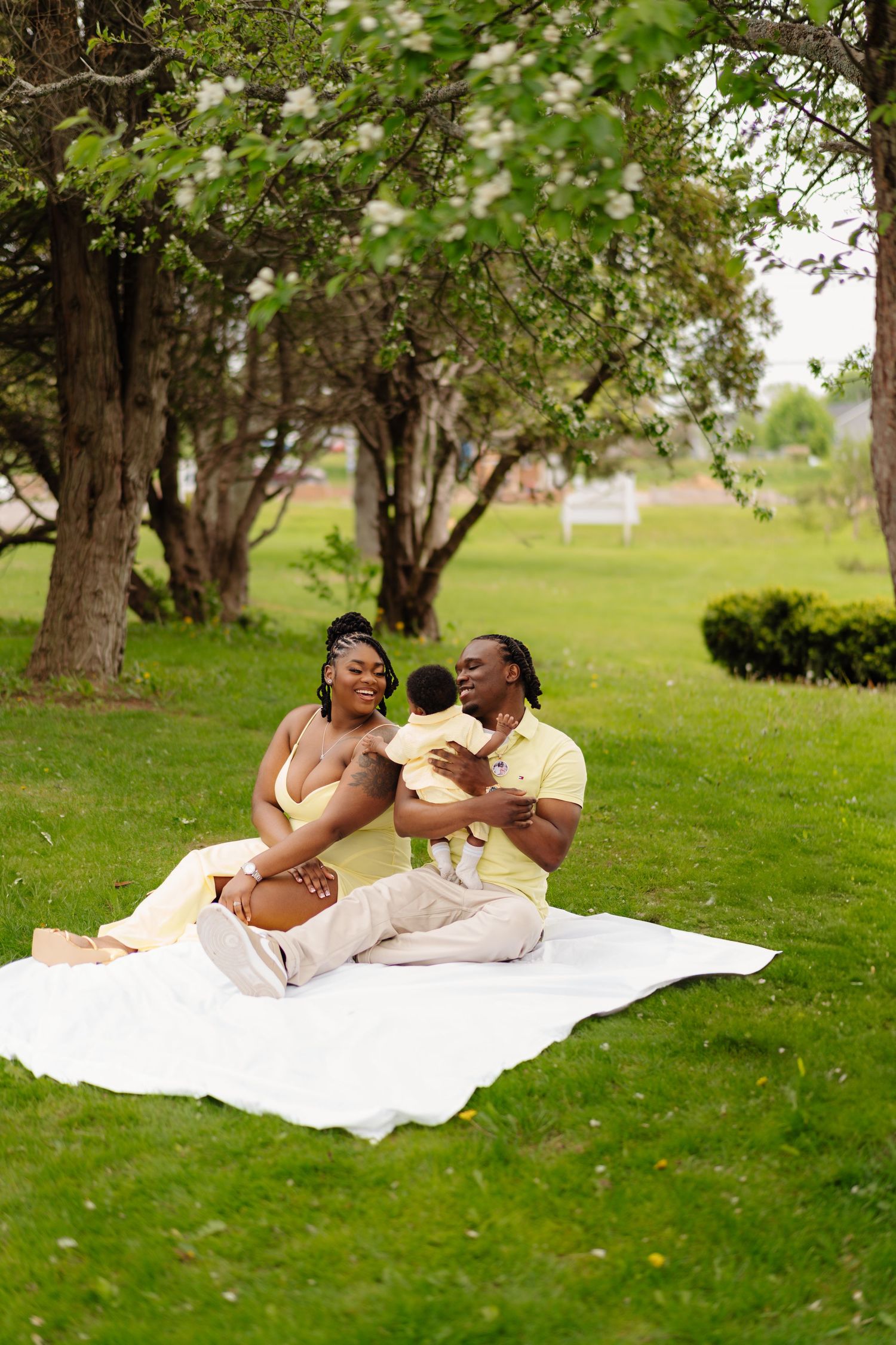 A couple enjoys a romantic picnic on a white blanket in a lush spring park setting.