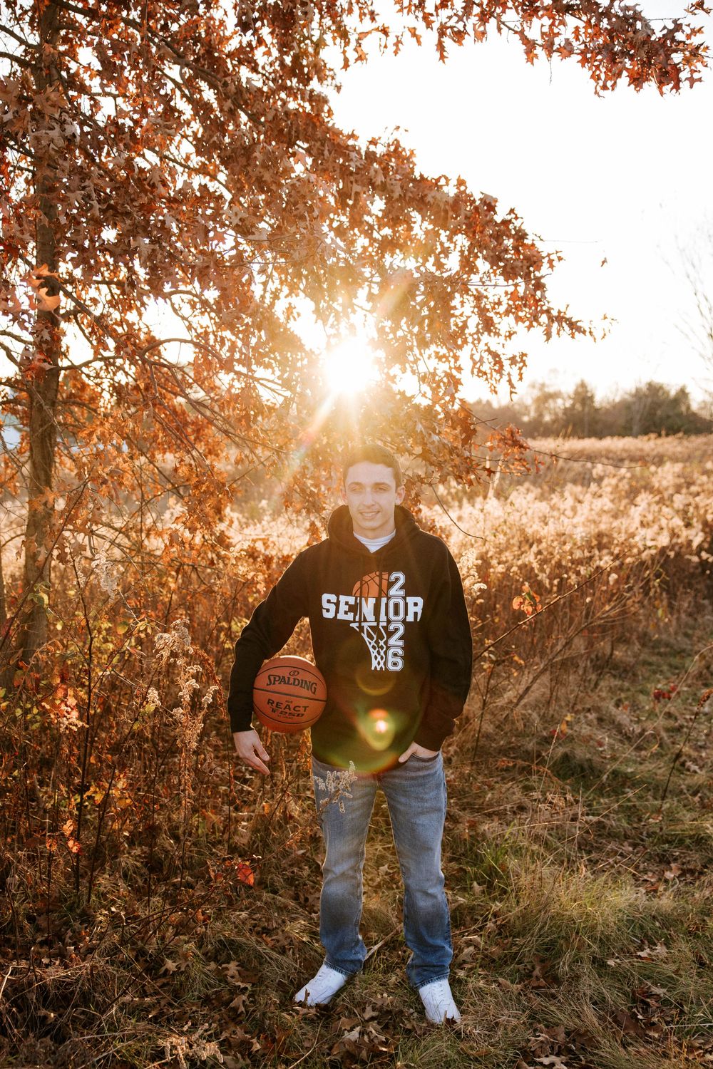 Golden autumn sunlight filters through trees casting warm light on a grassy outdoor scene in nature.