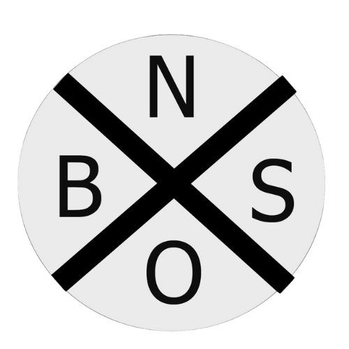 Black and white circular logo design with letters N, B, S, O arranged in quarters divided by X shape.
