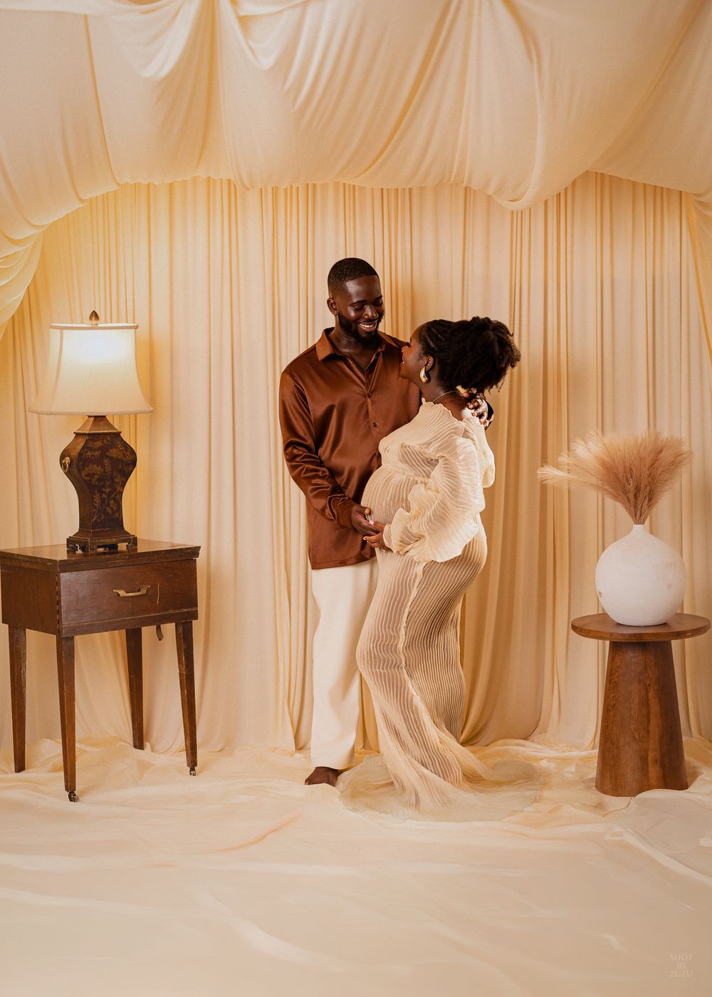 A series of artistic photographs showing a person in brown and white clothing interacting with a vintage piano in a cream-colored room.