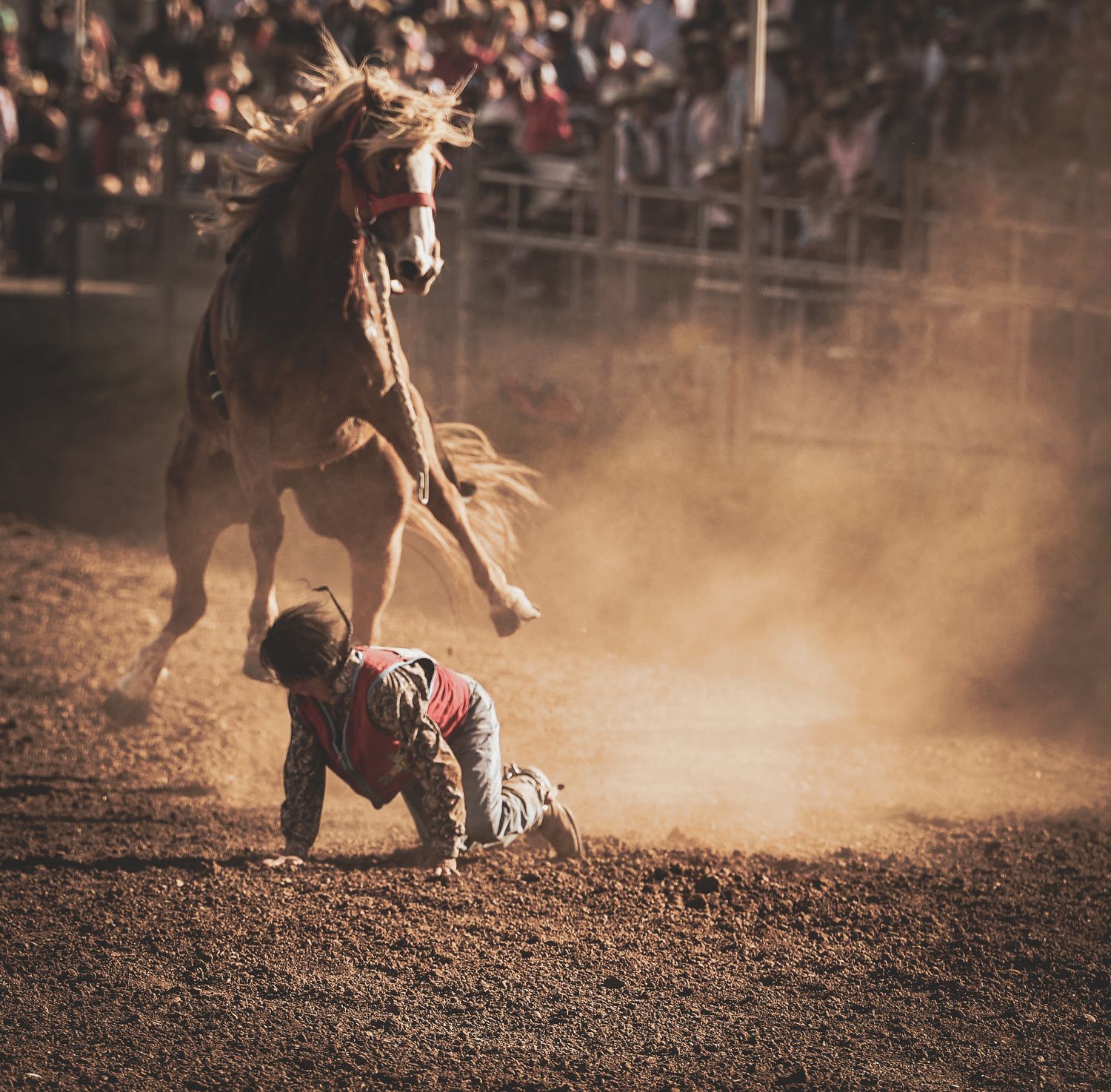 Dramatic rodeo scene showing a bucking horse throwing a rider in a dusty arena.