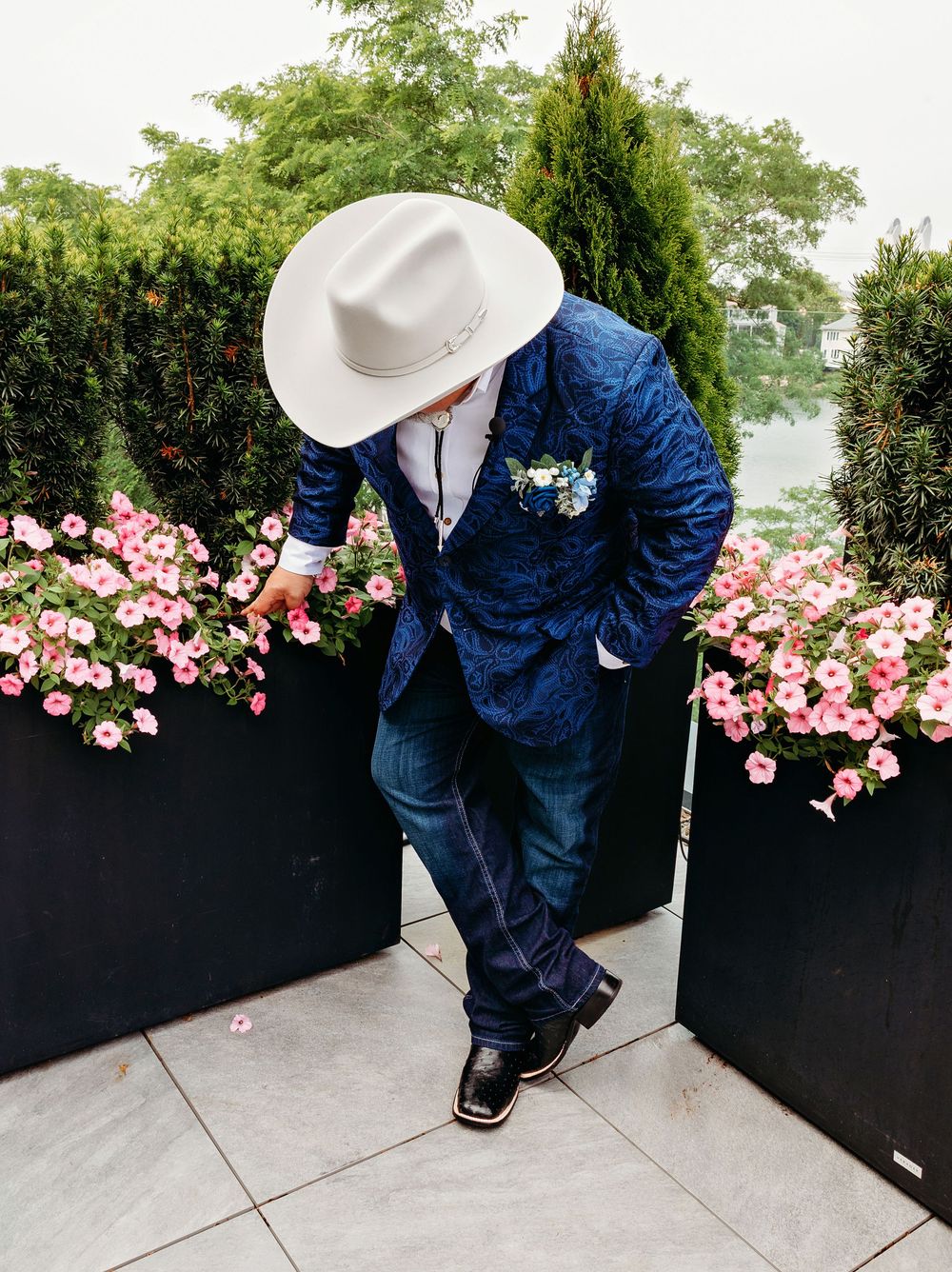 A sequence of images showing someone in a blue jacket bending down to examine pink flowers in a modern planter box.