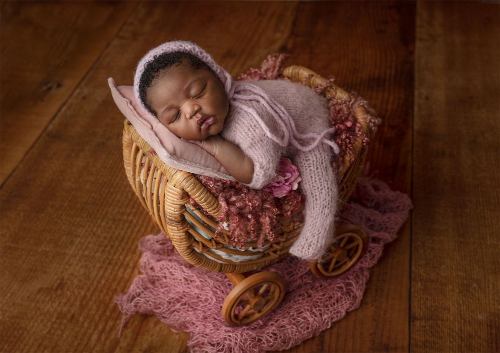 Sequence of newborn photography shots showing baby sleeping peacefully in wicker basket with pink fabric.