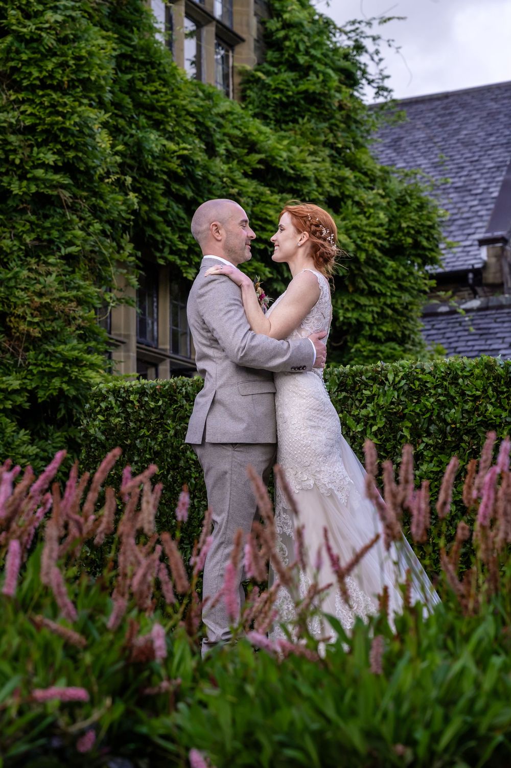 Bride and groom in gardens at Cragwood Country House