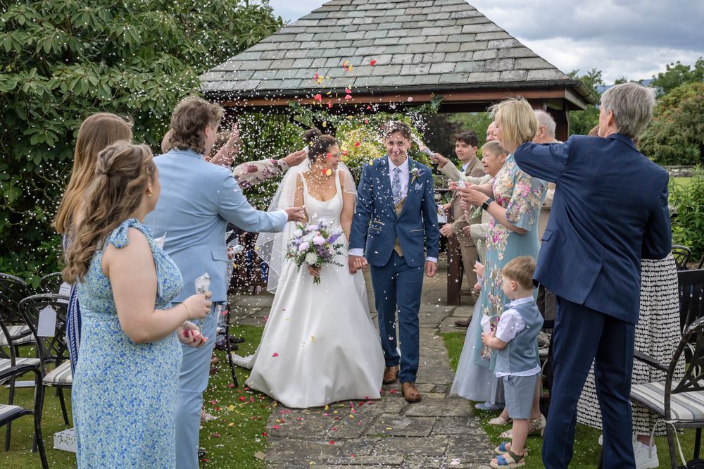 Confetti exit after Cragwood Country House wedding