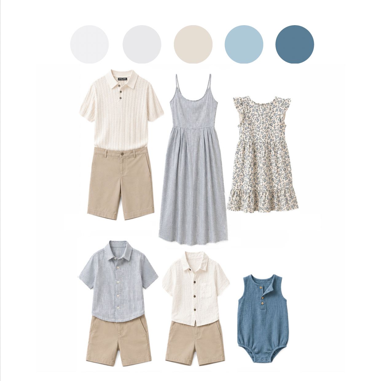 A neutral-toned fashion collage featuring cream dresses, gray knitwear, navy trousers, beige heels, loafers, and childrens outfits.