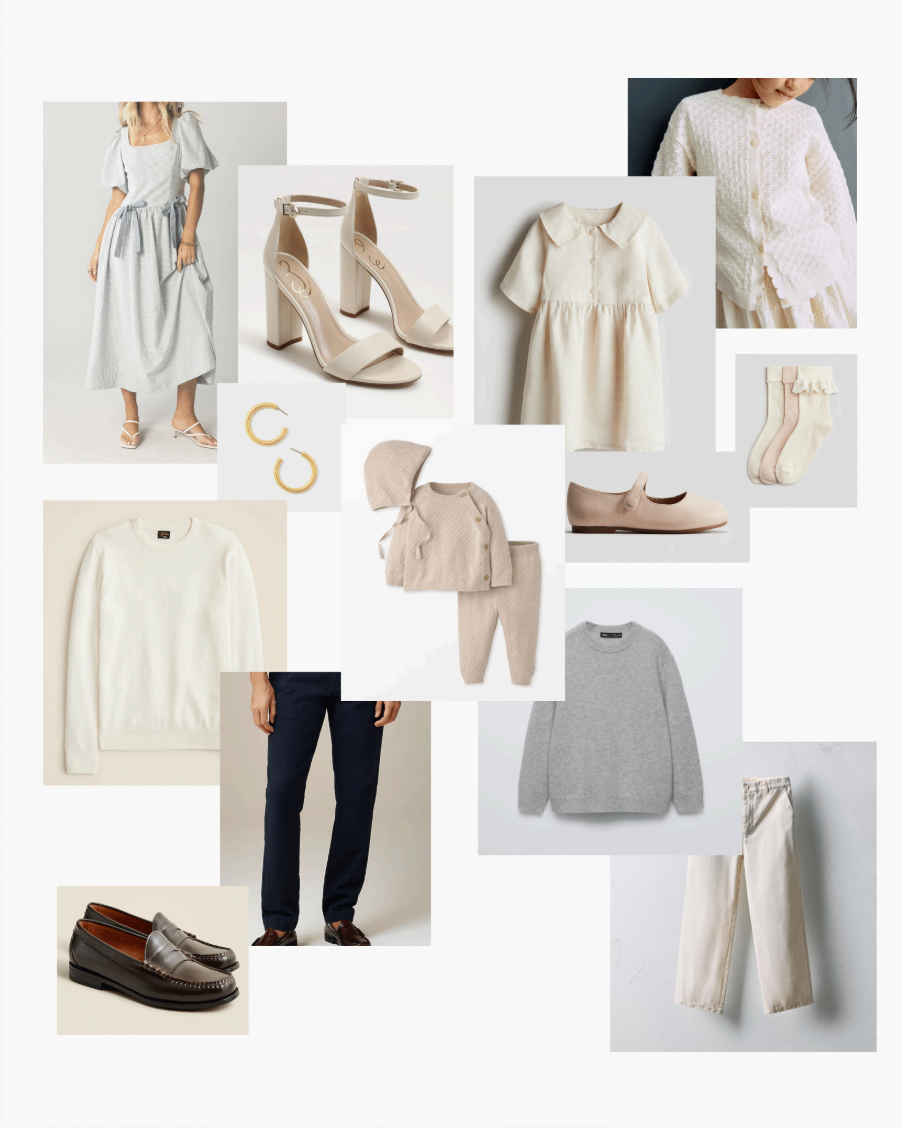 A neutral-toned fashion collage featuring cream dresses, gray knitwear, navy trousers, beige heels, loafers, and childrens outfits.