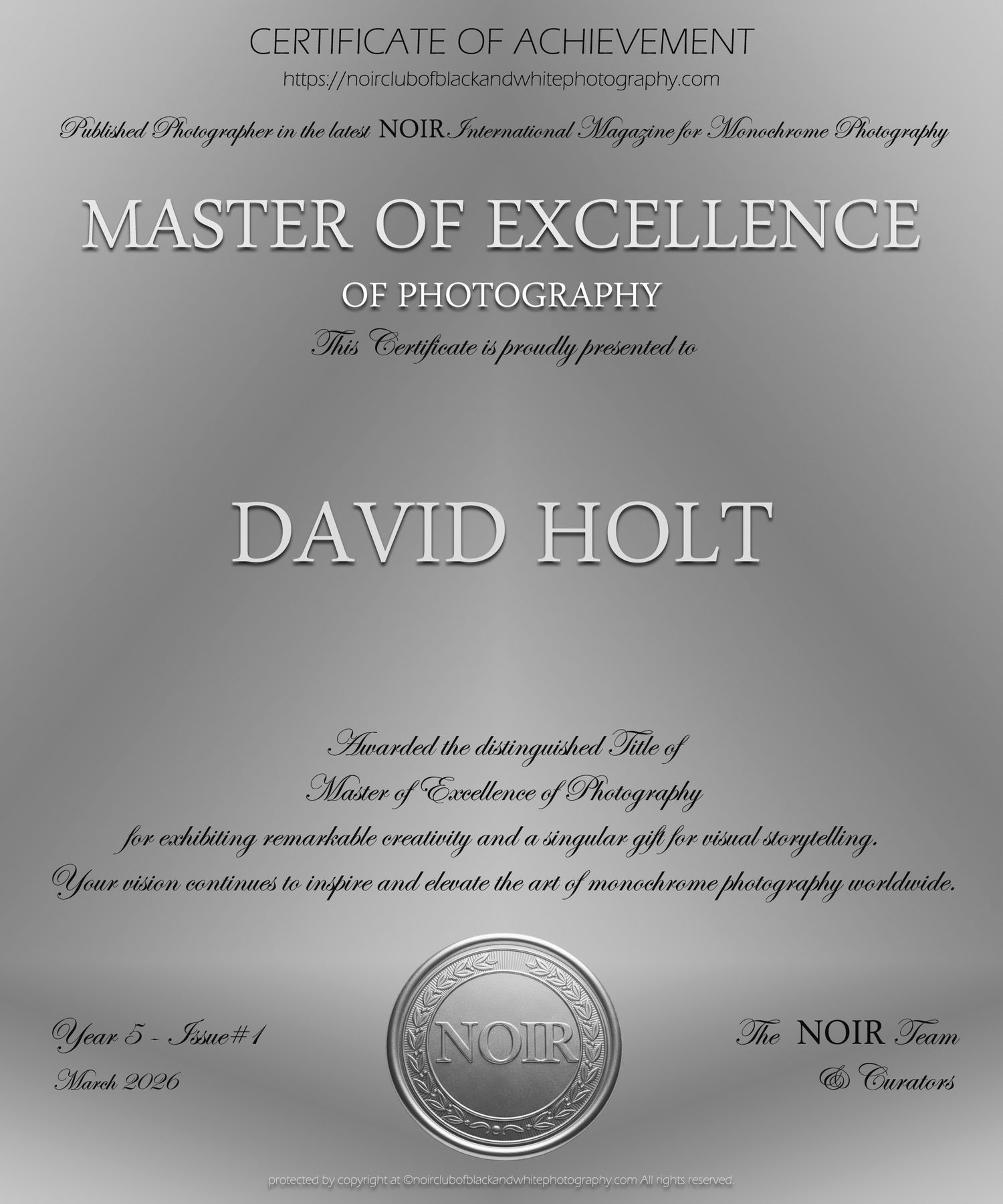 David G Holt Photography - A black and white certificate of achievement for Master of Excellence in Photography with an embossed seal.