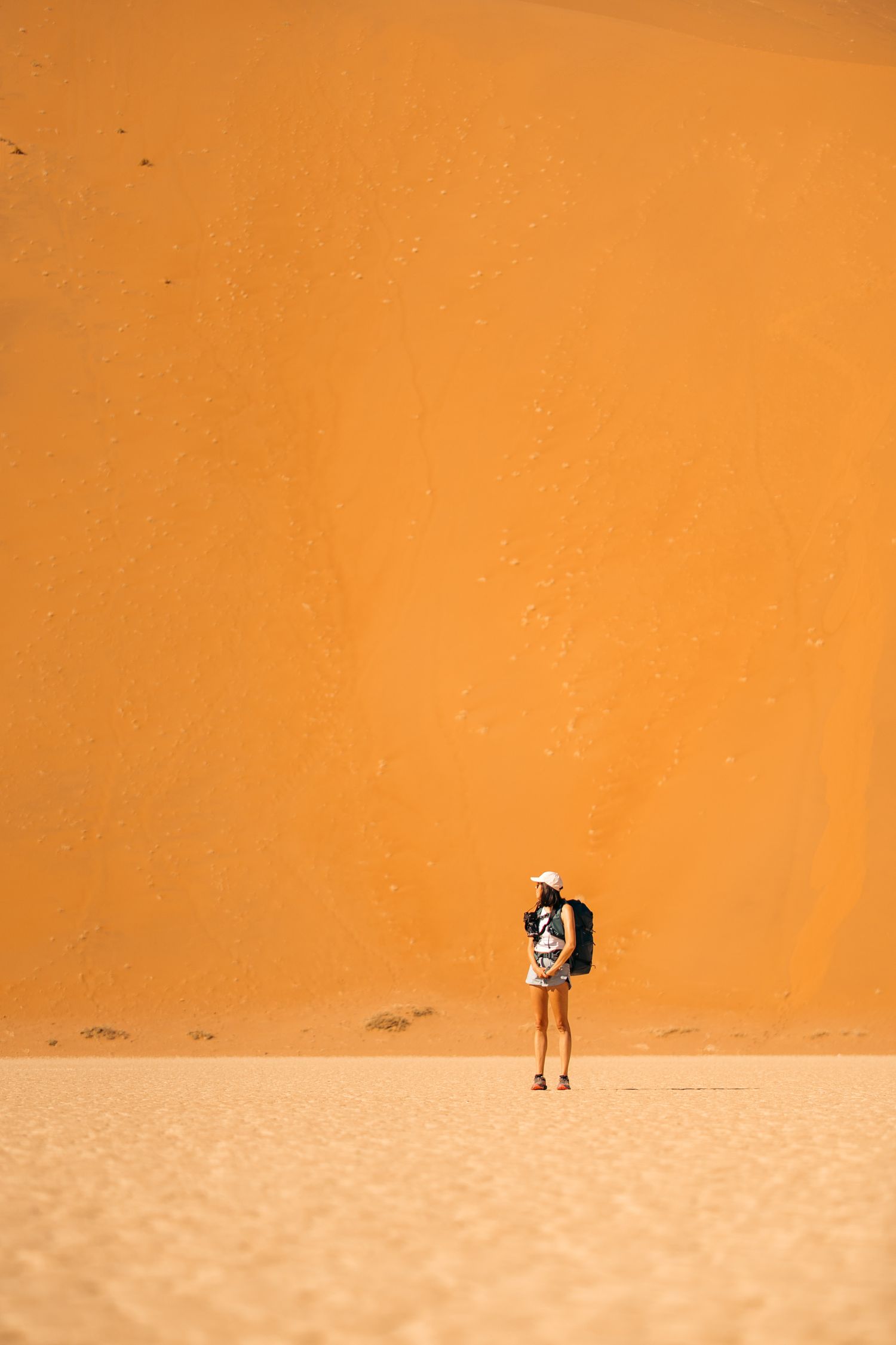 femme au pied d'une d'une de sable orange dans le namib