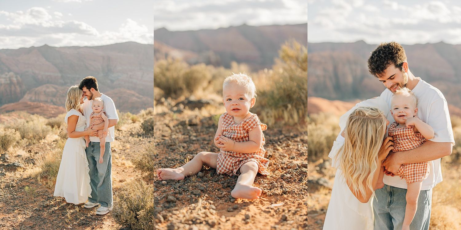 Young couple cuddles with smiling baby outdoors in a golden desert landscape during family photo session.