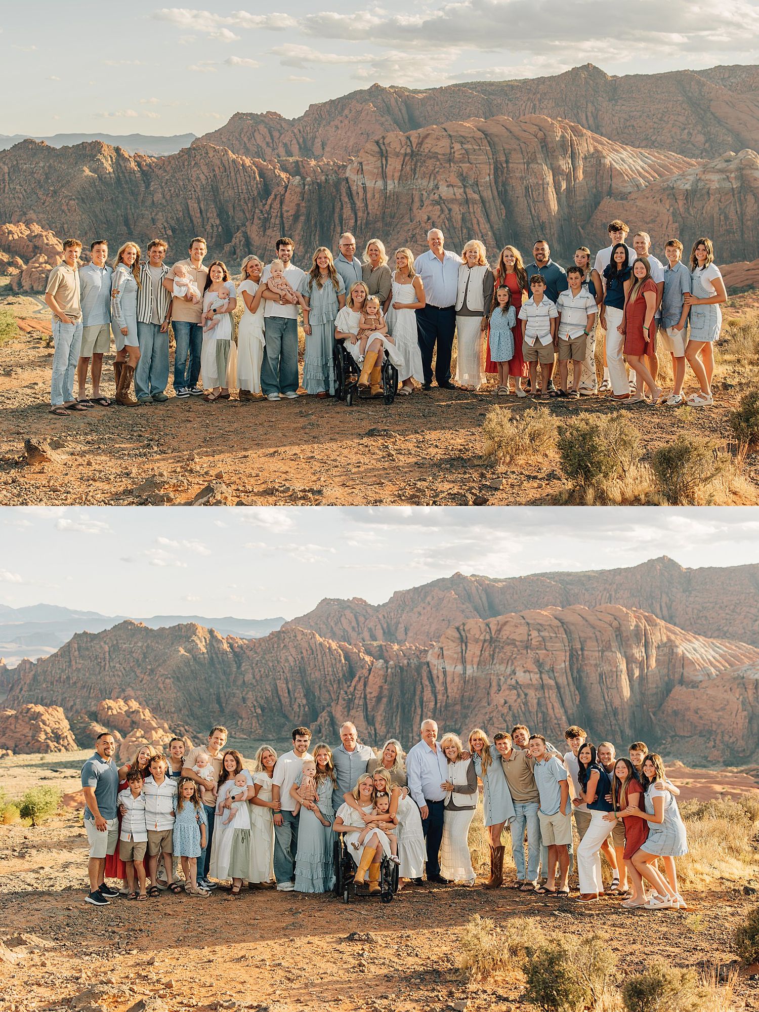 Large family group portrait taken at golden hour in a red rock desert landscape with dramatic sandstone cliffs in background.