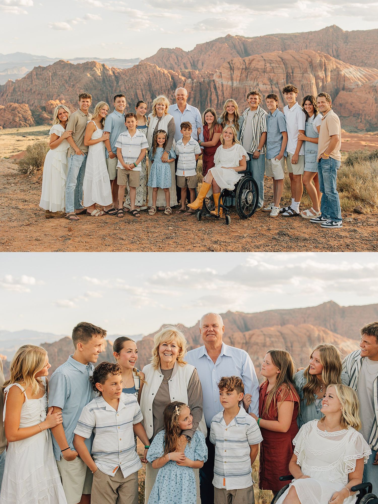 Large family posing together outdoors with stunning red rock mountain landscape backdrop during golden hour.