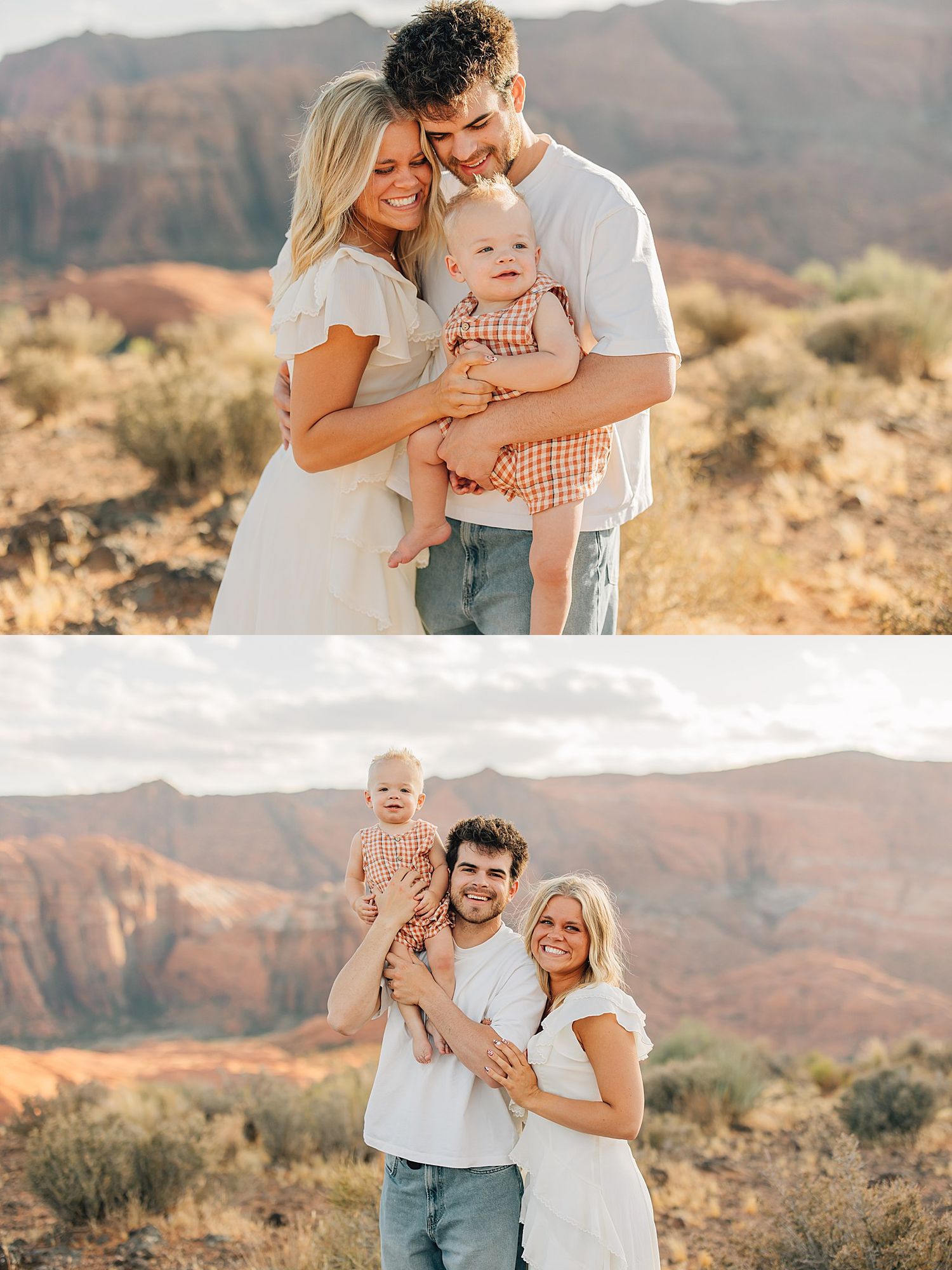 Young couple with baby smiles for family portraits in desert with red rock mountain backdrop.