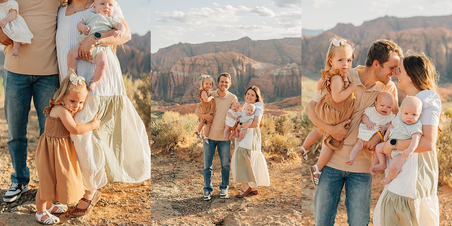 Family with young children and baby enjoys outdoor portrait session in desert canyon setting.