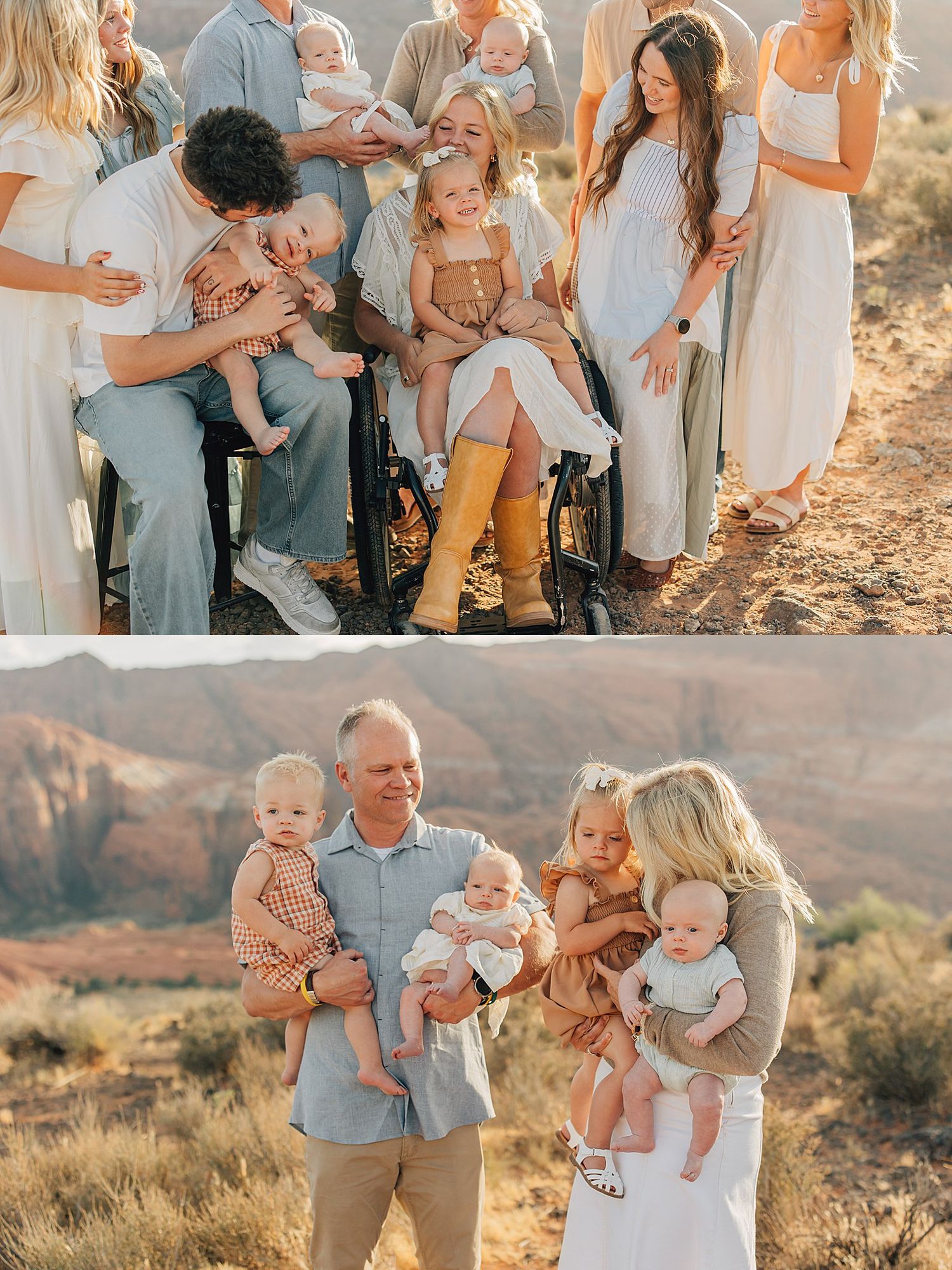 Family portrait session in desert landscape with parents, grandparents, and young children in coordinating neutral outfits.