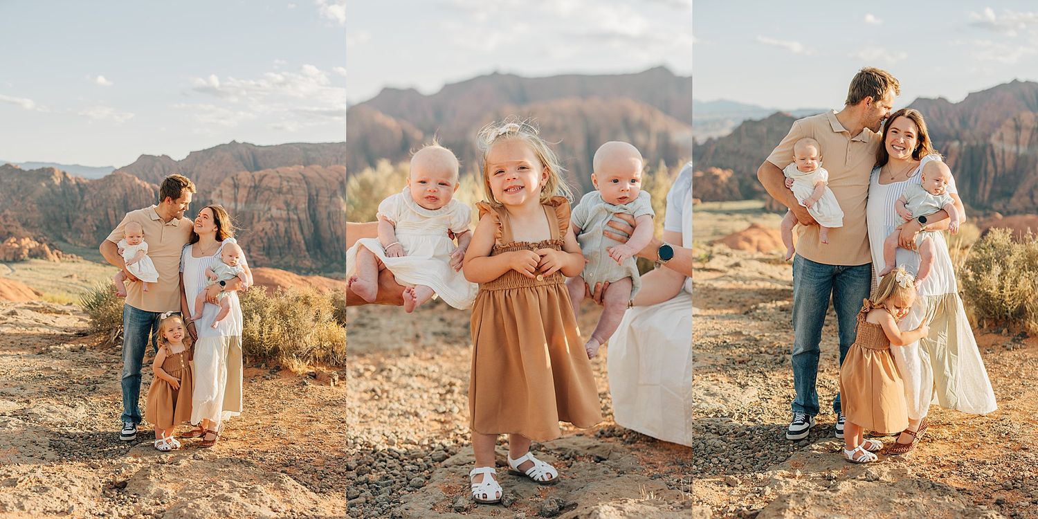 Family of four with toddler girl and baby poses for portrait session in scenic red rock canyon landscape.
