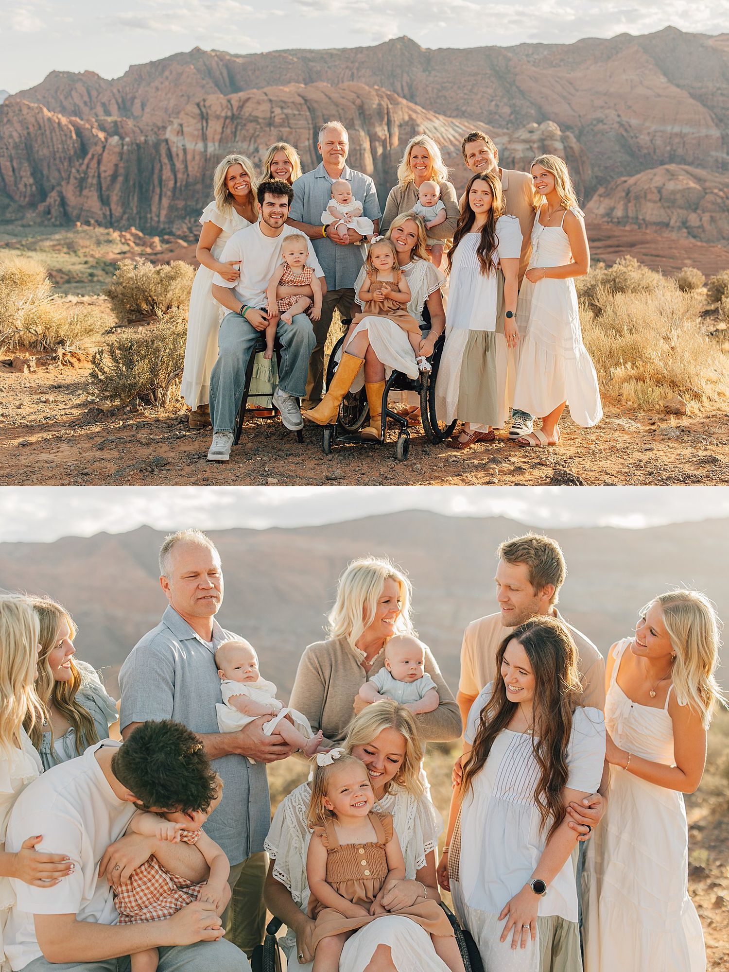 Large family posing together outdoors in desert landscape with red rock mountains, wearing neutral tones in warm golden light.