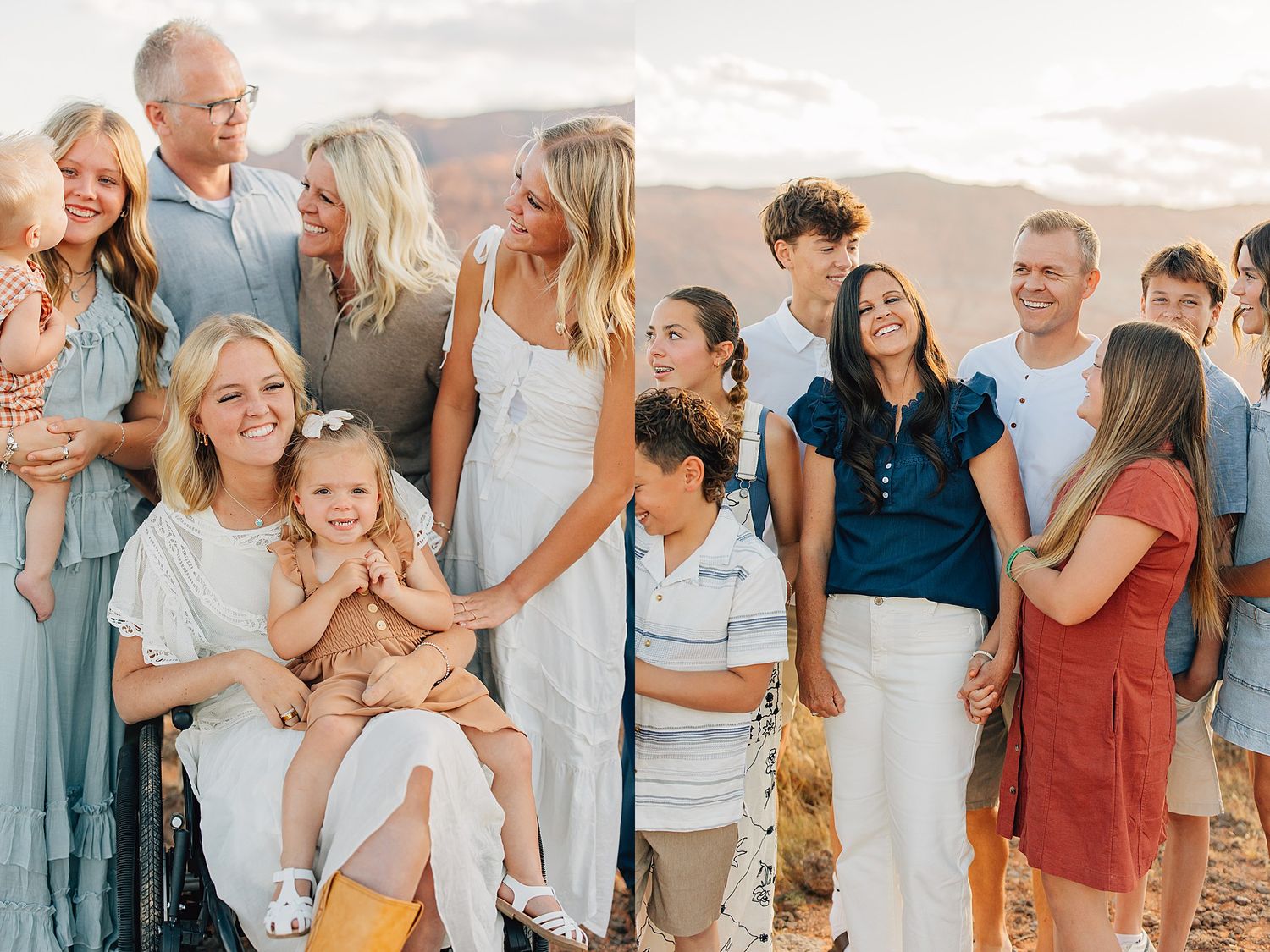 Large family group portrait session at golden hour in a desert mountain landscape with warm sunset lighting.