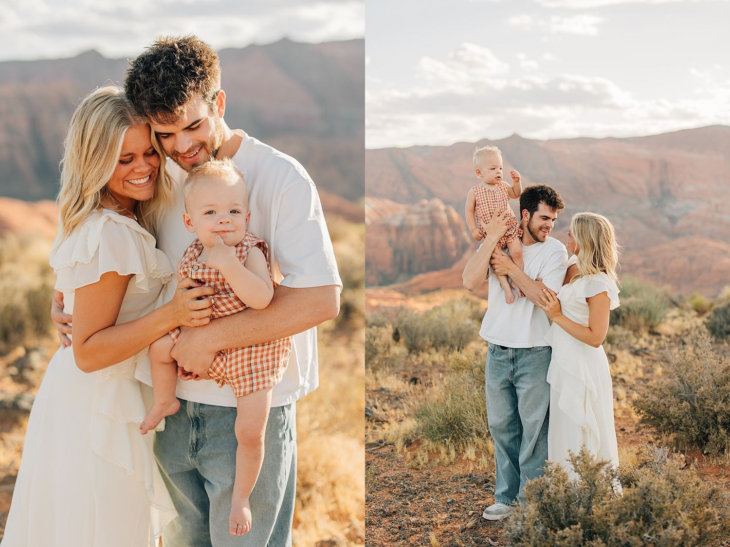Young family with baby poses in desert landscape with red rock mountains at golden hour.