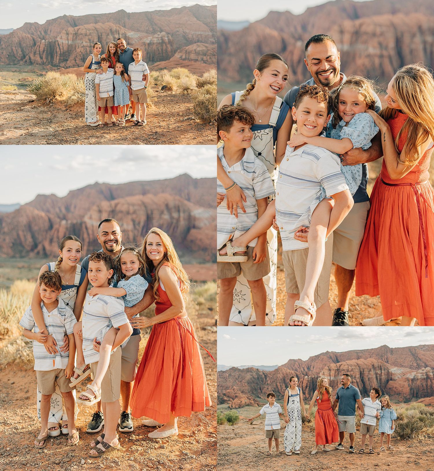 Family photo collage with parents and children posing in a red rock desert landscape, wearing coordinated white and orange outfits.