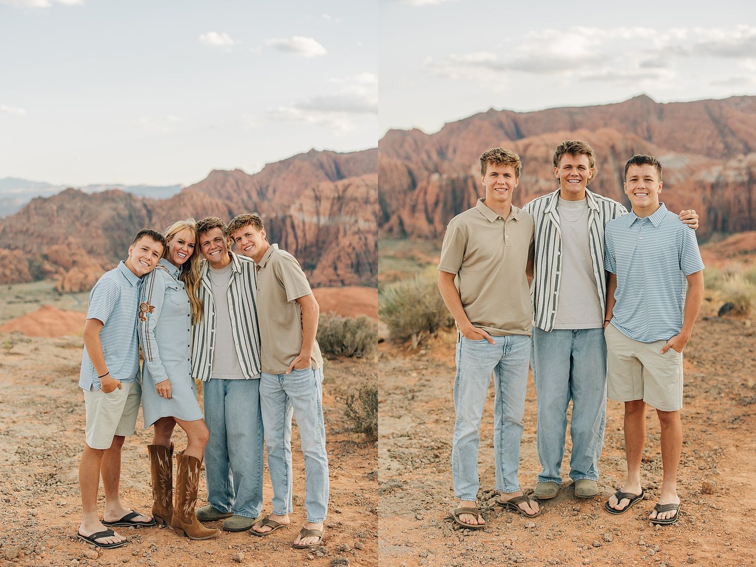 Family posing outdoors with red rock canyon landscape in St. George Utah desert setting.